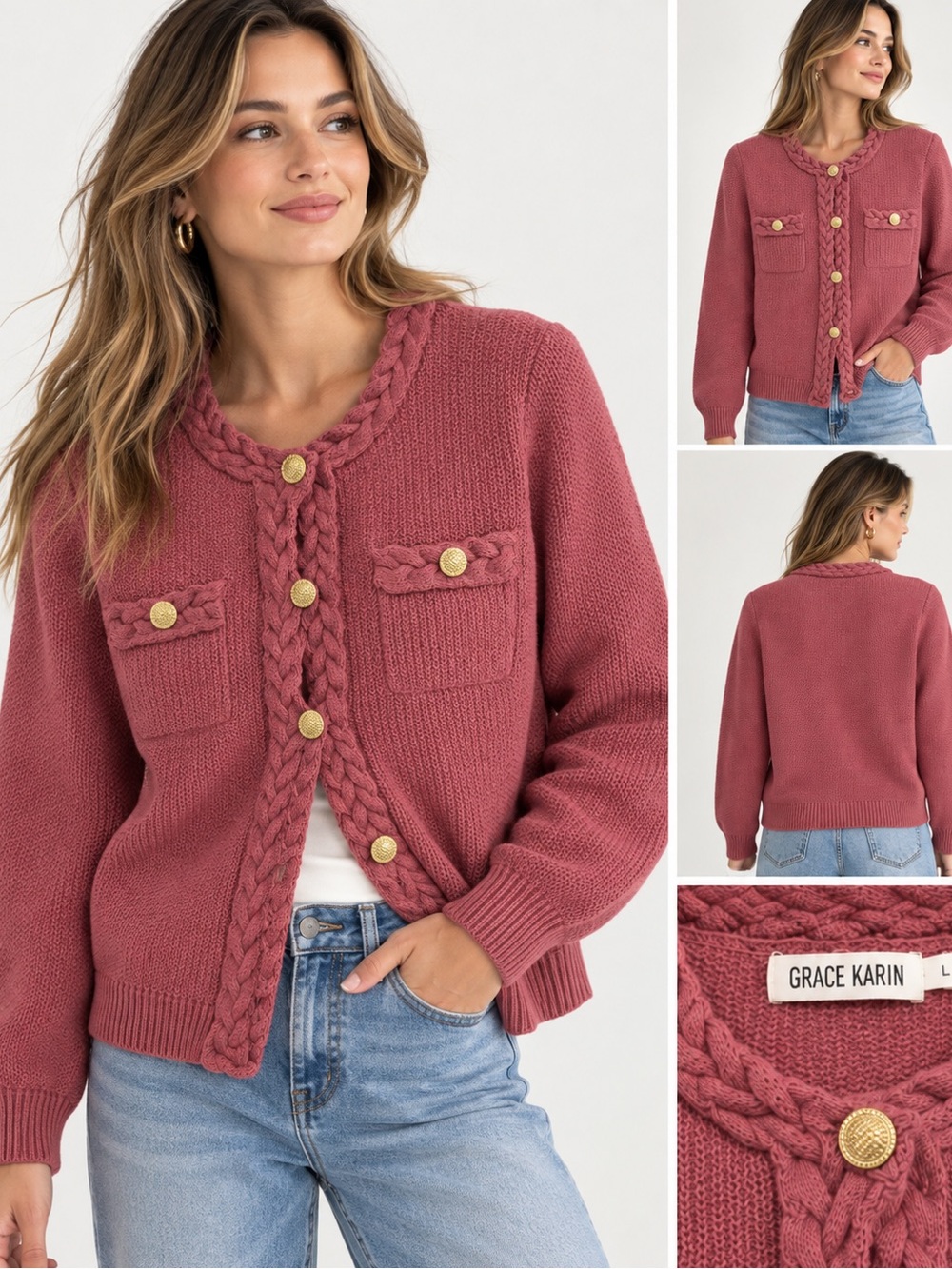 NWT Grace Karin Cable Knit Cardigan Sweater – Size L- Dusty Rose Gold Buttons